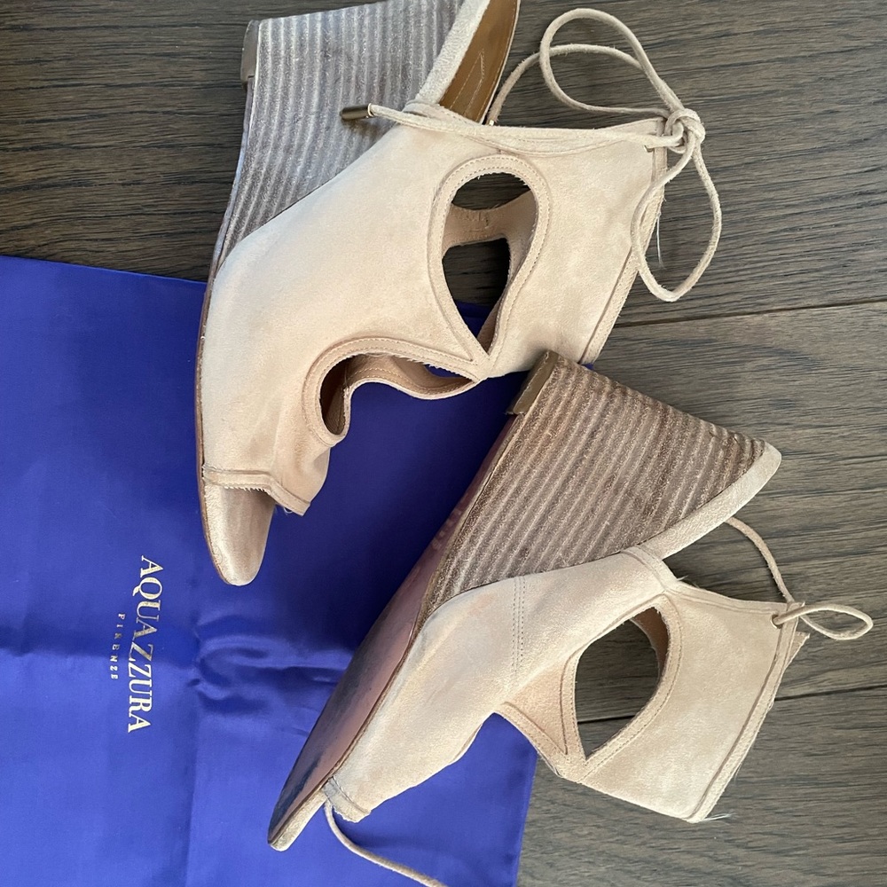Aquazzura Nude Suede Cutout Lace-Up Wedge Sandals